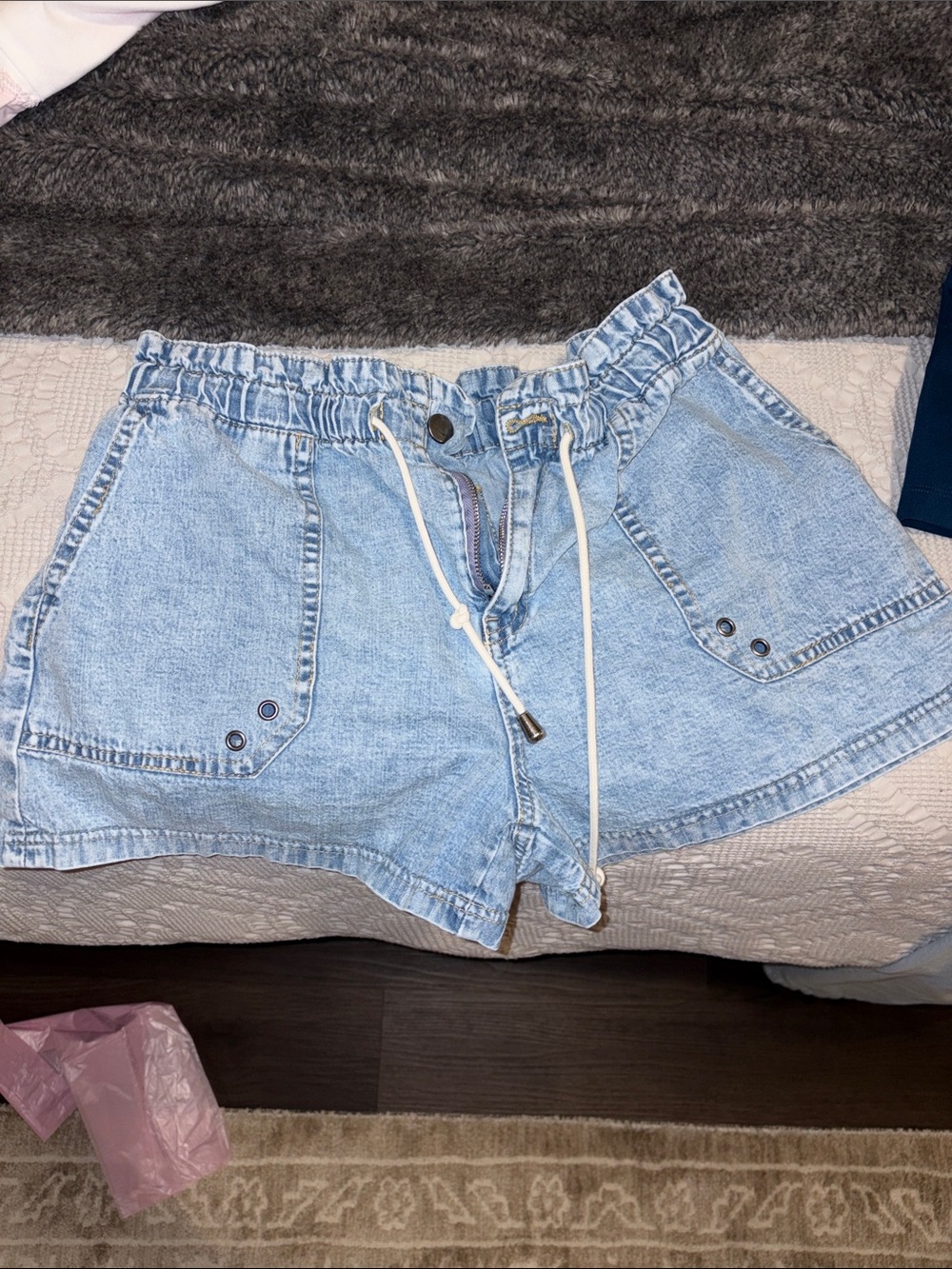 Tractr Light Blue Denim Paperbag Waist Shorts with Drawstring